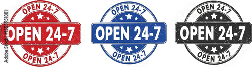 Three open twenty four seven stamps in red blue and black colors