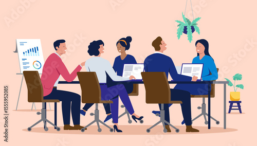 Team of diverse business professionals sitting around a table in an office meeting, using laptops and discussing work, depicting a collaborative and productive environment. Flat design illustration