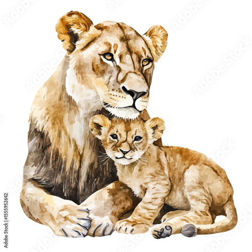 A Mother Lion With Her Kid, watercolor clipart vector, isolated on a white background.