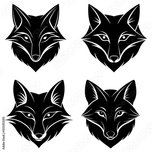 Four black silhouette depictions of great dane dogs standing in various poses on a white background
