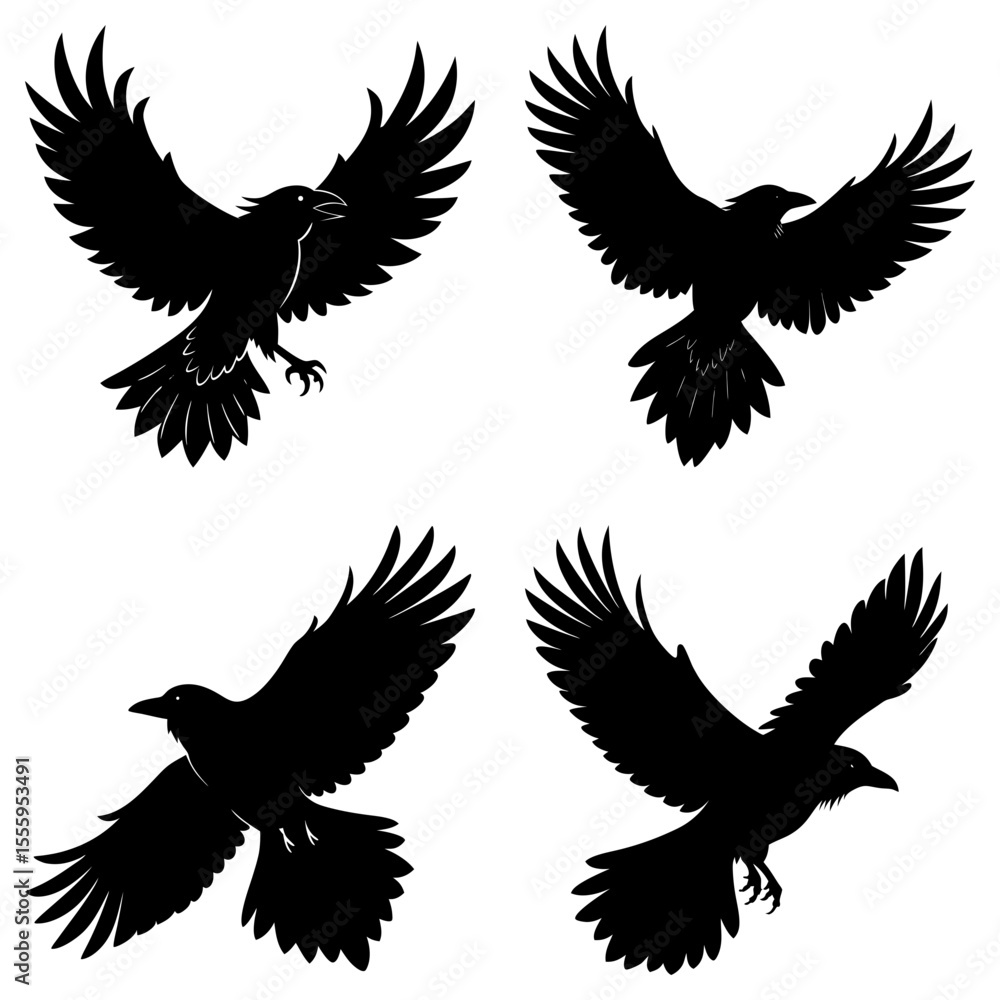 Obraz premium Four black raven silhouettes in dynamic flight positions against a white background image art