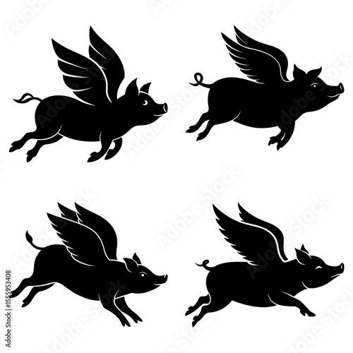 Four flying pigs with wings in black silhouette against a white background in a whimsical illustration