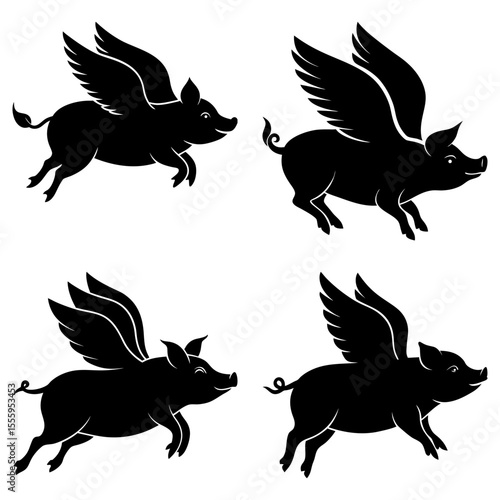 Four black silhouettes of flying pigs with wings on a white background in a vector illustration