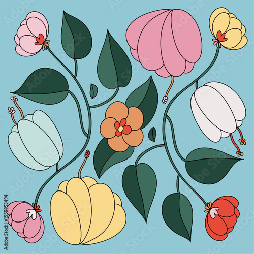 Colorful Floral Geometric Flower Bouquets Pattern With Tulips, Steam and Leaves