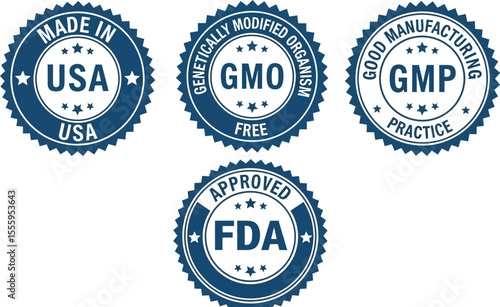 Seals indicating made in usa gmo free gmp and fda approved products