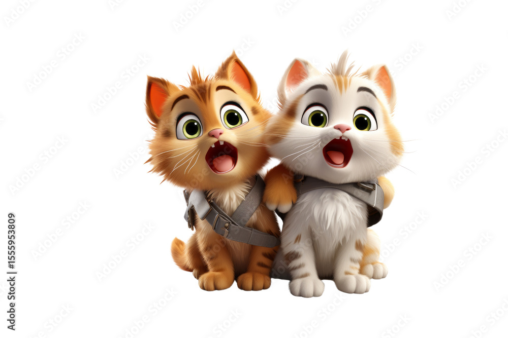 Fototapeta premium Two adorable cartoon kittens with surprised expressions, wearing harnesses. background removed