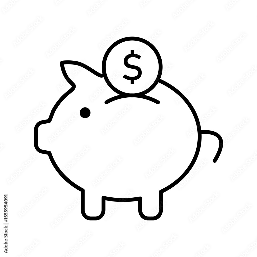 Outline icon of piggy bank with coin and dollar sign. Black linear vector illustration. Savings and finance concept. Design for banner, sticker, print, poster, card, invitation. Flat icon view Outline icon of piggy bank with coin and dollar sign. Black linear vector illustration. Savings and finance concept. Design for banner, sticker, print, poster, card, invitation. Flat icon view