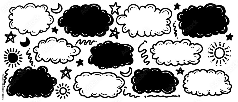 Fototapeta premium Hand drawn doodle clouds and weather elements set vector illustration