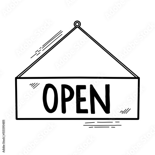 Hand drawn hanging open sign Illustration. Vector Doodle. Isolated on White Background