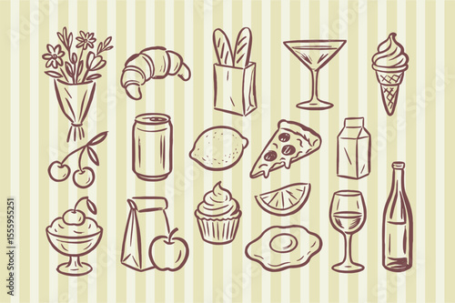 Minimalist food and drink icons hand-drawn sketch vector illustration