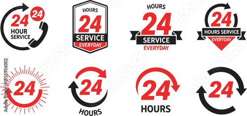 Collection of twenty four hour service logos in red and black colors