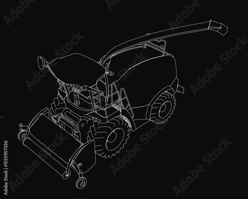 A black and white 3D model of a tractor with detailed headlights, grille, and wheels, set against a solid black background for high contrast. The intricate design highlights mechanical precision