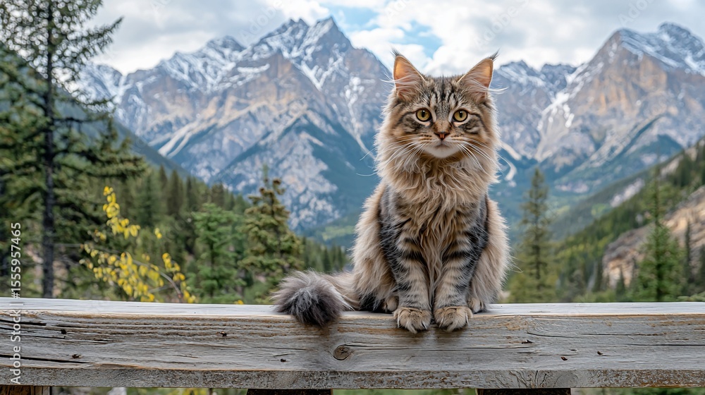 Obraz premium Cat perched on wooden railing against mountains