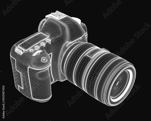 A 3D wireframe model of a digital SLR camera, rendered realistically on a sleek black background. The detailed mesh structure highlights the camera's design, showcasing its buttons, lens, and body.