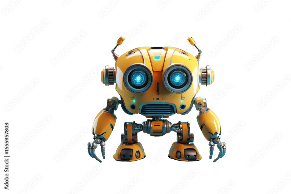 Cute yellow robot with glowing blue eyes, standing on a transparent background. background removed Cute yellow robot with glowing blue eyes, standing on a transparent background. background removed