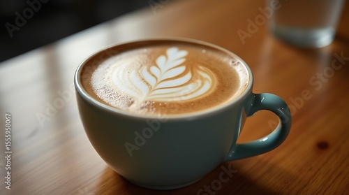 A close-up photograph of a steaming cup of coffee with latte art, placed on a wooden table