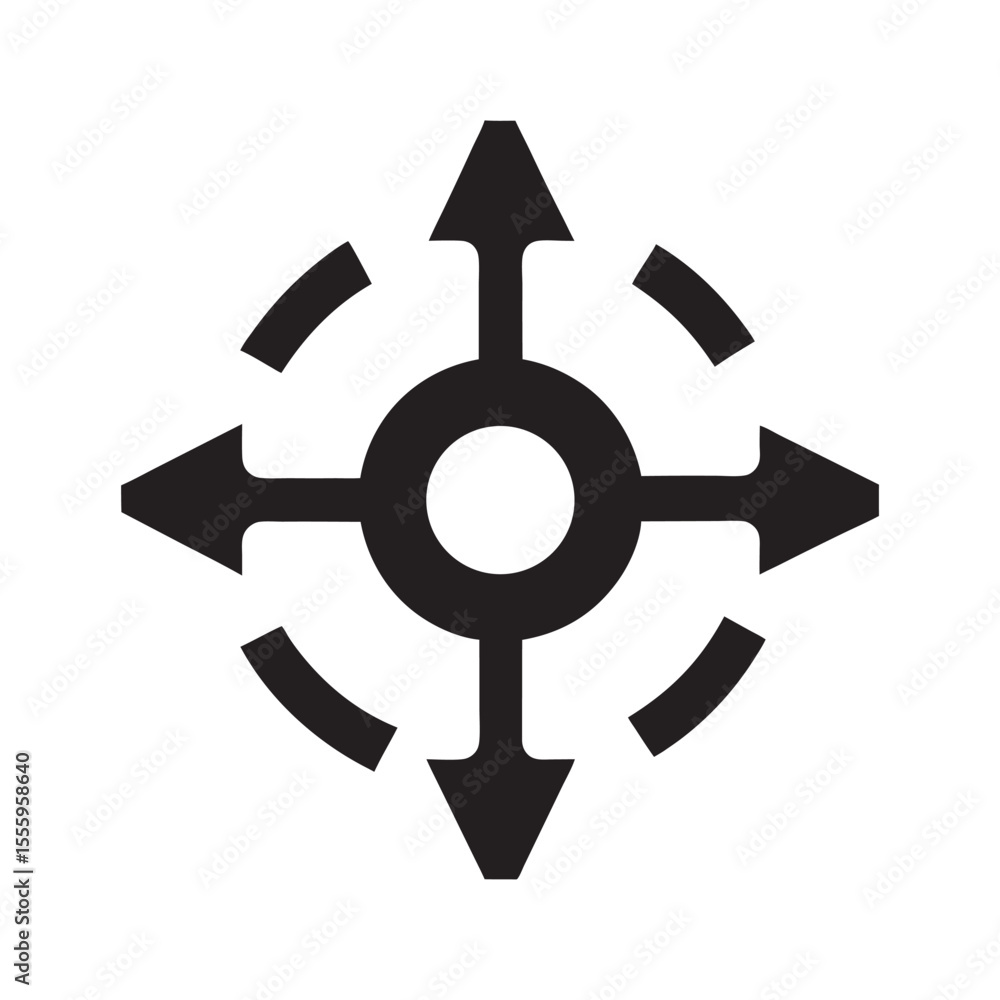 Black and White Roundabout Sign with Arrows Pointing in Four Directions and Curved Lines Connecting Black and White Roundabout Sign with Arrows Pointing in Four Directions and Curved Lines Connecting