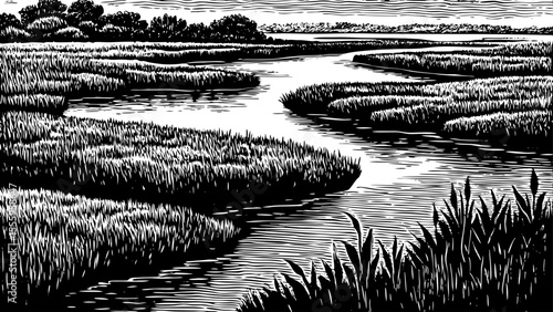 Delta with branching river paths and scattered reeds, a black and white sketch vector hand drawn