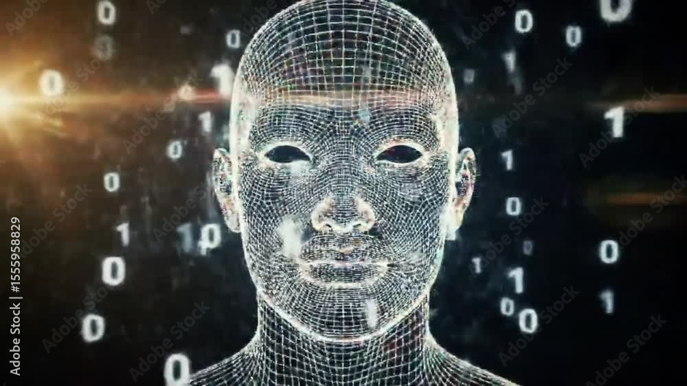 Stylized animation of human face morphing into digital wireframe data ...
