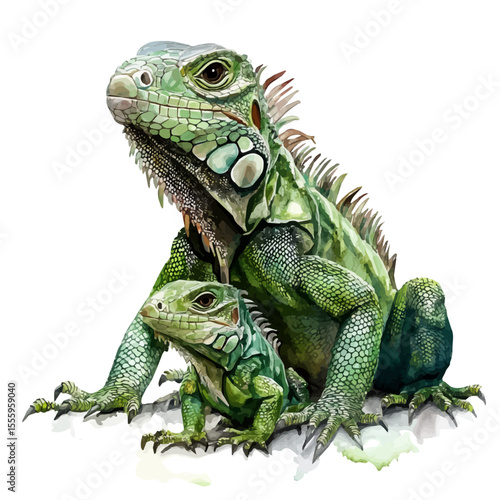 A Mother Iguana With Her Kid, watercolor painting vector, isolated on a white background.