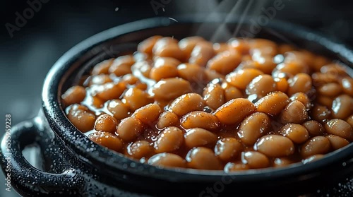 Brown Baked Beans in Black Cast Iron Pot Steam Rising Dark Background Food Photography
