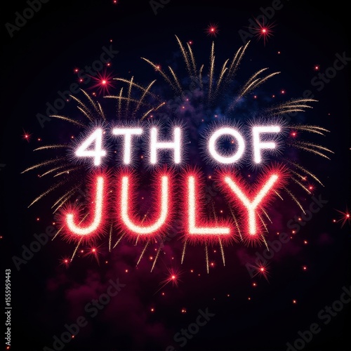 Text 4th of July written with sparkling fireworks in the night sky with colorful explosions in the background celebrating Independence Day in the United States