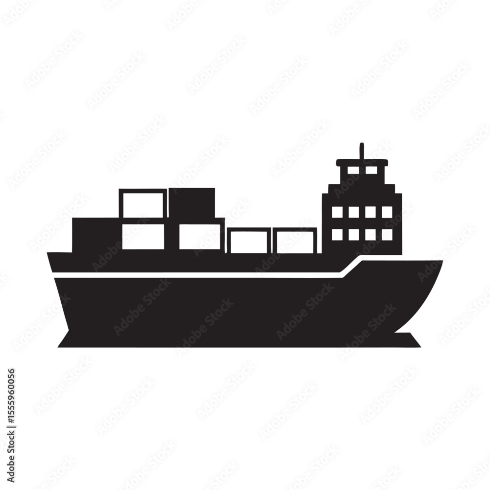 Obraz premium Cargo Ship Silhouette Icon for Logistics and Transportation Industry with Containers and Navigation Tower Design