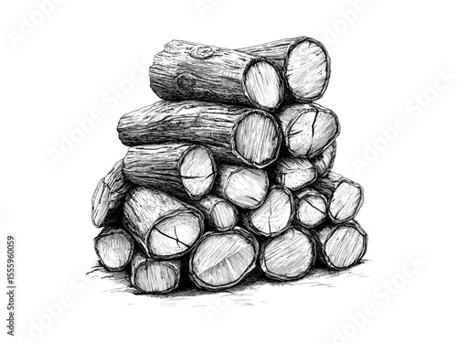 Rustic firewood stack engraving, vintage sketch of chopped logs, cozy winter decor, black line retro style, seasonal holiday motif, natural woodpile illustration, cabin aesthetic