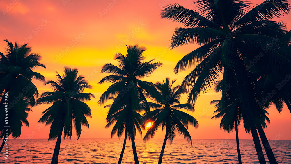 Beautiful tropical sunset over ocean with palm trees and warm light Beautiful tropical sunset over ocean with palm trees and warm light