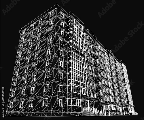 A sleek 3D model of a tall building with clean white contours stands out against a dark black background. The minimalist rendering highlights sharp architectural details, creating a striking contrast.