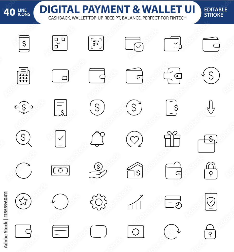 Fototapeta premium Digital Payment and Wallet UI Line Icons, Credit Card, QR Code, Mobile Wallet, Transaction, NFC, Security Shield, Transfer, and More , Editable Formats: AI, EPS, JPG, PNG , Ideal for Both Digital and 