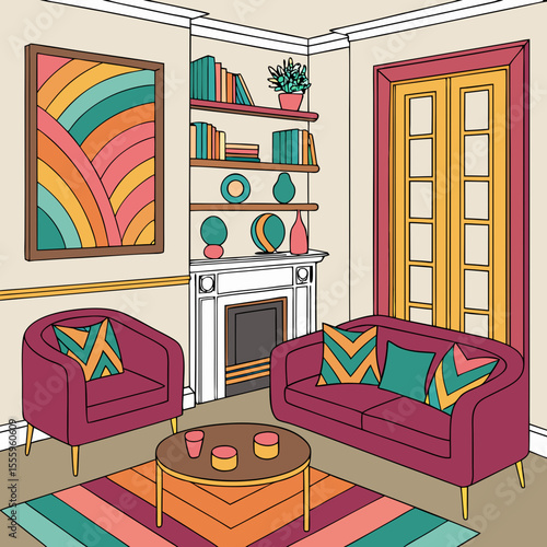 Colorful Living Room Illustration with Retro Style