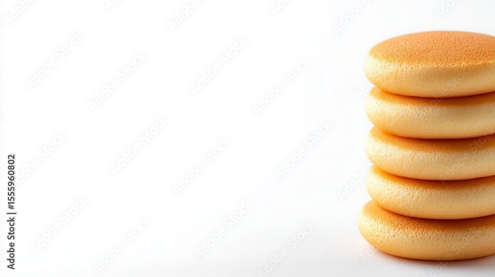 A stack of soft, round, sponge-like items sits against a plain white background, offering a clean and minimalist aesthetic, Perfect for culinary, cooking-related content or food blogs, A stack of soft, round, sponge-like items sits against a plain white background, offering a clean and minimalist aesthetic, Perfect for culinary, cooking-related content or food blogs,