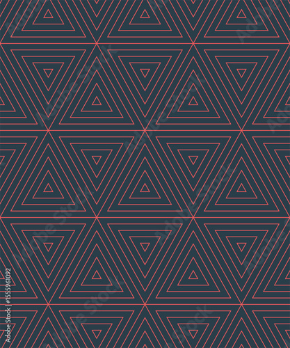Geometric seamless pattern with triangular grid and thin red lines on dark background. Futuristic vector abstraction with modern minimal linear design and subtle tech style. Loopable graphic wallpaper