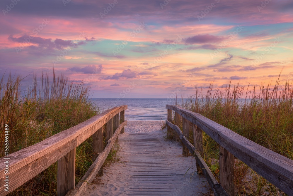 Fototapeta premium Beach Access Wooden Walkway Path to Ocean at Sunset Under Colorful Skies