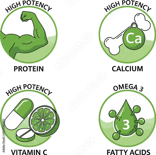 Icons showing protein calcium vitamin c and omega fatty acids sources