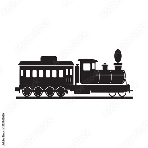 Vintage Steam Train Silhouette with Passenger Car Nostalgic Railroad Transportation Classic Locomotive Design Railroad Icon Isolated on White