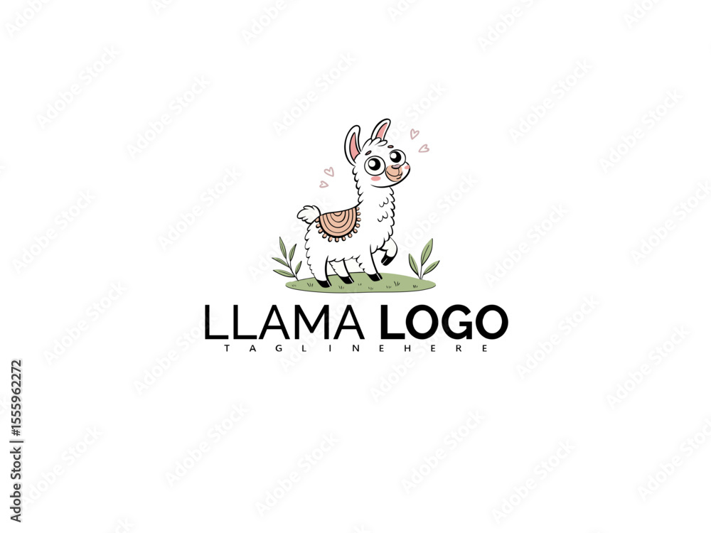 Fototapeta premium Kawaii Style Cartoon Alpaca Logo Clipart for Kids Brand Identity. Pastel Vector Illustration with Rainbow Horn, Perfect for Baby Clothing, Toys, and Whimsical Sticker Designs.