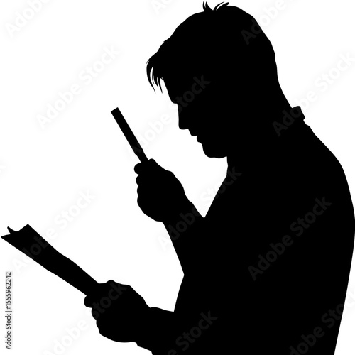 Silhouette of a man reading document and examining with magnifier  