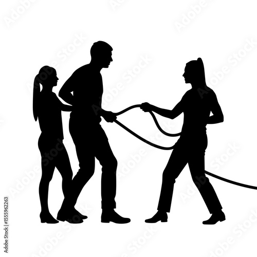 Silhouette of people playing tug of war with rope on white background  