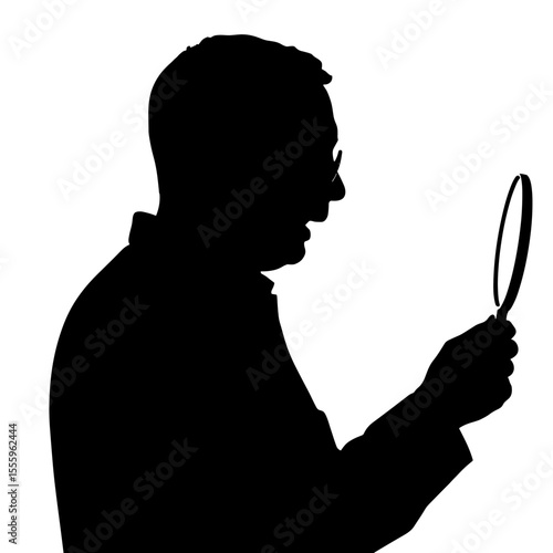 Man examining object with magnifying glass silhouette  