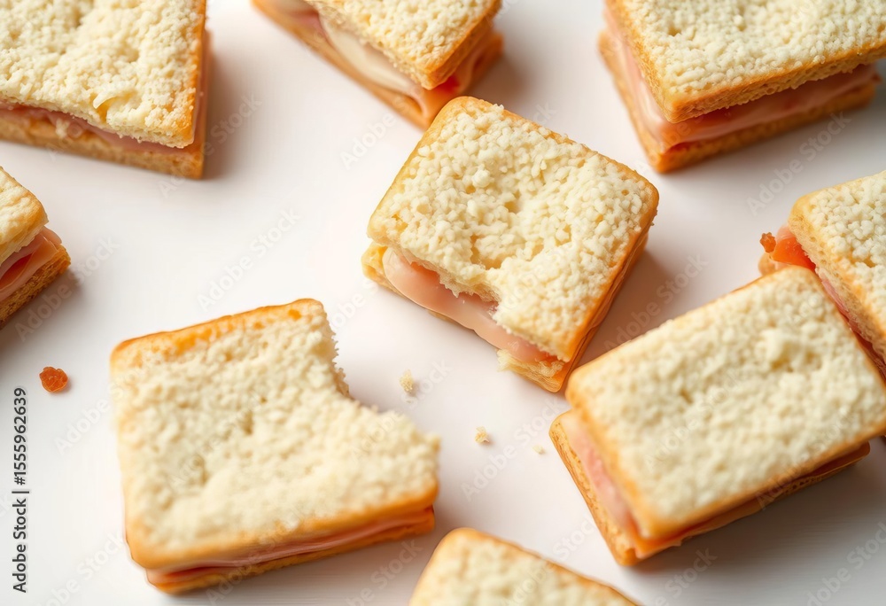 Close-up of several partially eaten, delicately nibbled tea sandwiches on a pristine white background, bread, gourmet Close-up of several partially eaten, delicately nibbled tea sandwiches on a pristine white background, bread, gourmet