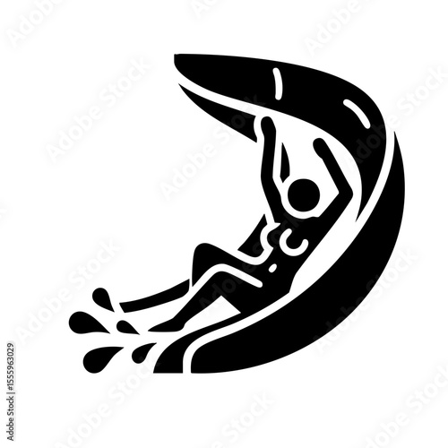 Pictogram of a person on a waterslide in a simple style in black and white represents summer fun and recreation
