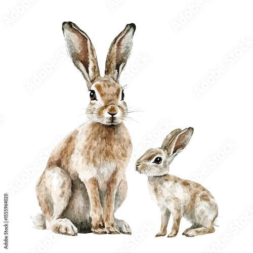 A Mother Hare With Her Kid, watercolor vector, isolated on a white background.
