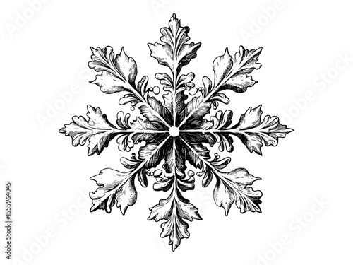Engraved snowflake in retro vintage style, black sketch, antique winter motif, old engraving art, Christmas decor, seasonal print, trendy artwork, hand-drawn snowflake illustration