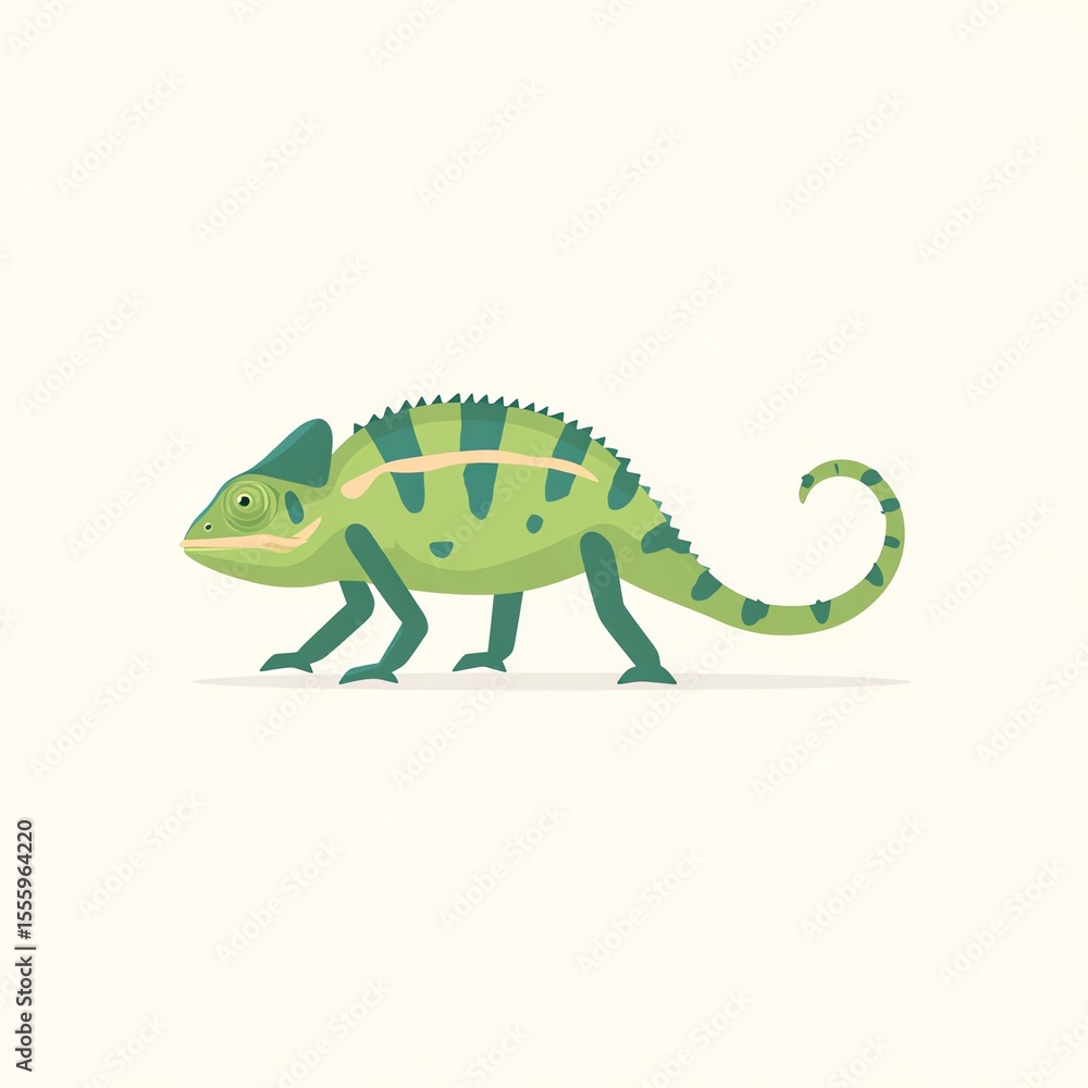 Fototapeta premium Vibrant Green Chameleon Walking, Detailed Illustration of a Reptile with a Curled Tail Against a Plain White Background
