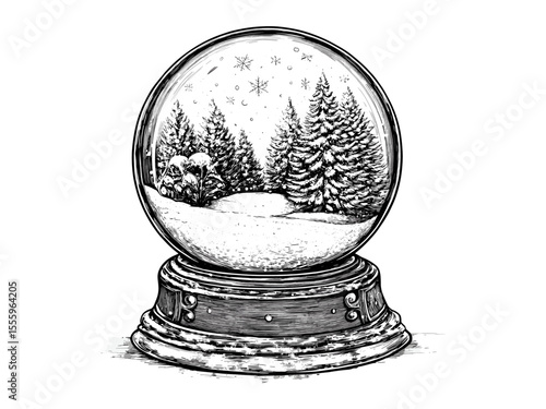 Vintage snow globe illustration, retro Christmas decor, black line sketch, engraved festive ornament, hand-drawn winter art, antique holiday engraving, seasonal nostalgic print,