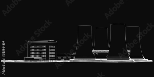 A black and white drawing of a nuclear power plant features a detailed building in the foreground with smokestacks and cooling towers. The dark background enhances the industrial atmosphere