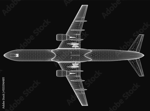 A 3D wireframe model of an airplane on a black background highlights the aircraft's detailed structure and aerodynamic design. The transparent mesh reveals internal components, creating a futuristic.