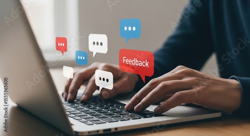Digital Dialogue: A person typing on a laptop with feedback bubbles. This image reflects the essence of modern communication, showcasing the act of giving and receiving feedback through digital means.